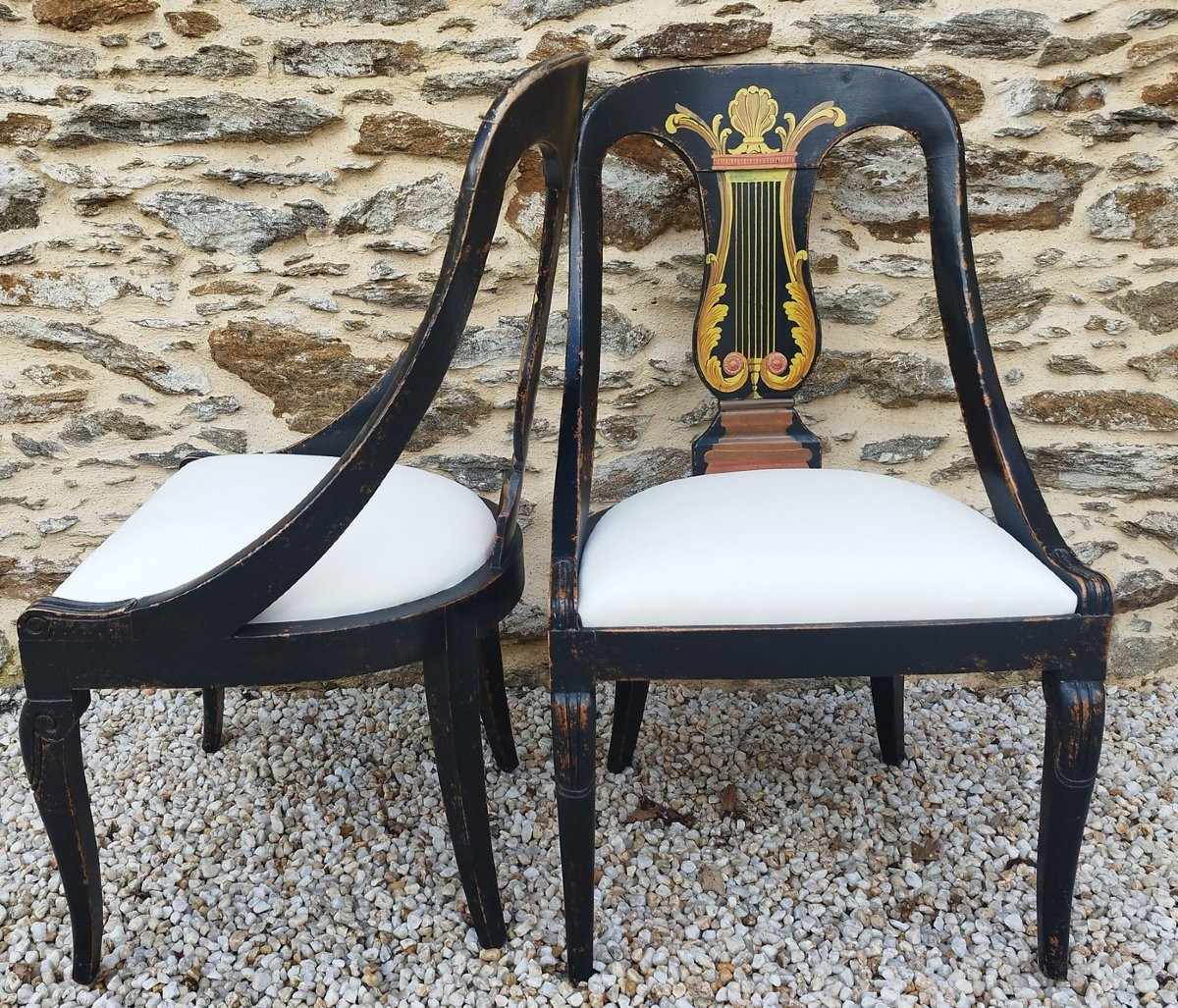 Paire de chaises gondoles peintes, Hollywood Regency, XXème siècle-photo-4
