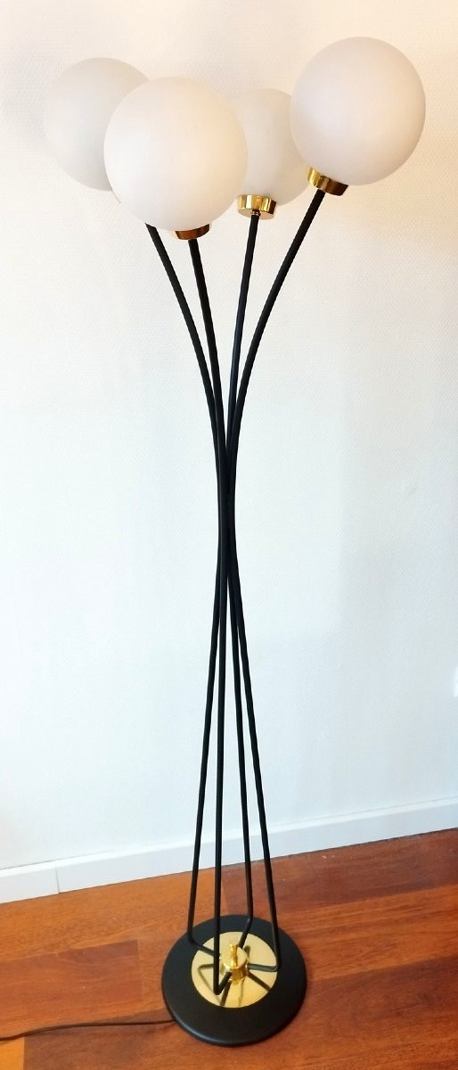 Metal And Brass Floor Lamp With 4 Globes, Arlus Or Lunel, 1960s-photo-2