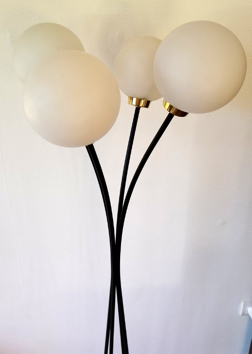 Metal And Brass Floor Lamp With 4 Globes, Arlus Or Lunel, 1960s-photo-3