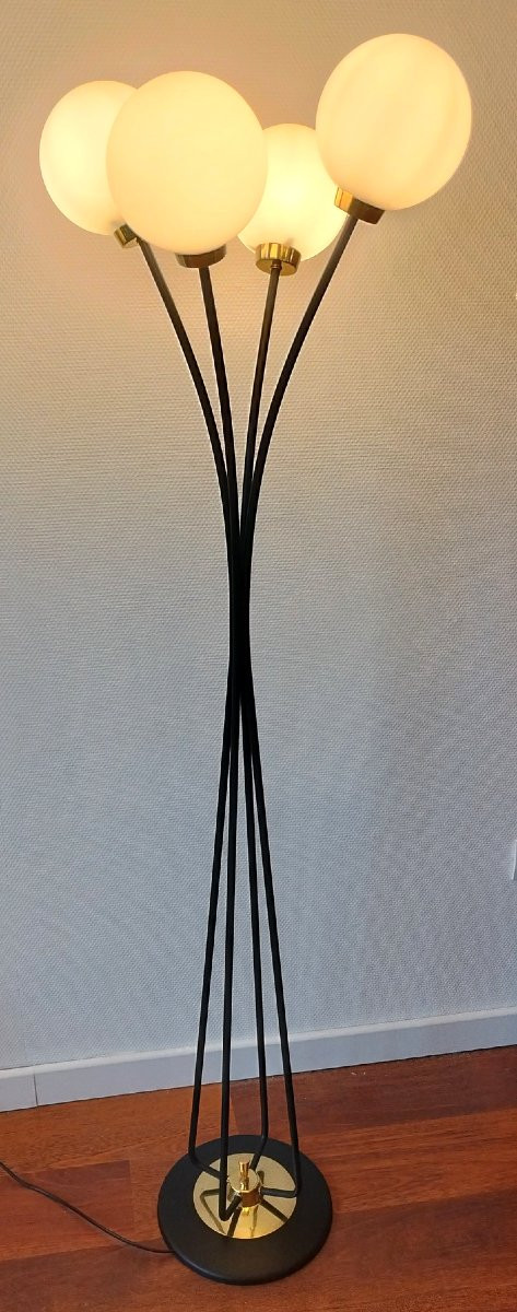 Metal And Brass Floor Lamp With 4 Globes, Arlus Or Lunel, 1960s-photo-3