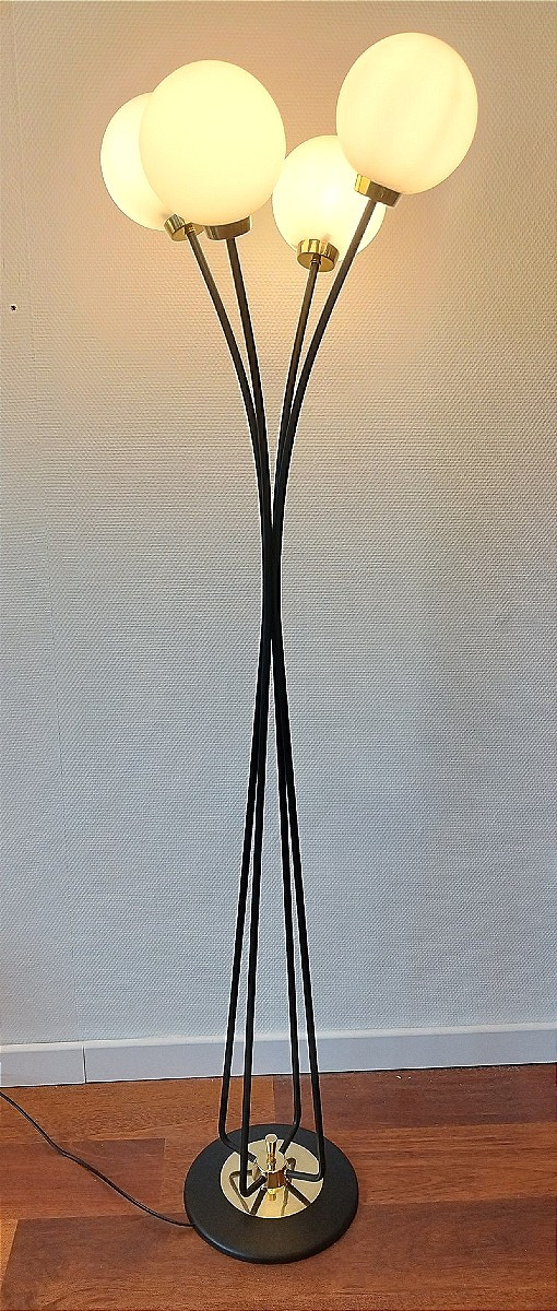 Metal And Brass Floor Lamp With 4 Globes, Arlus Or Lunel, 1960s