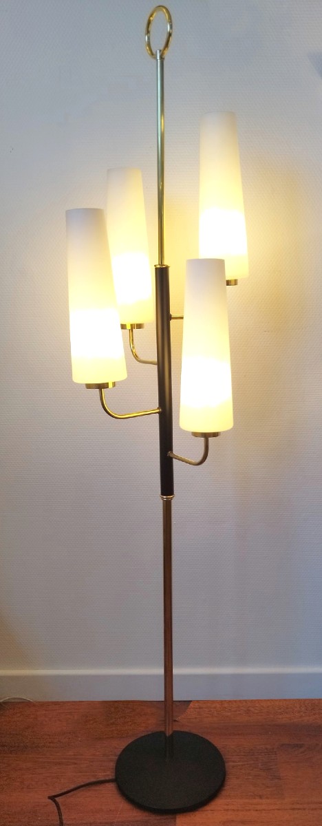 Lampadaire laiton et métal à 4 lumières, années 50