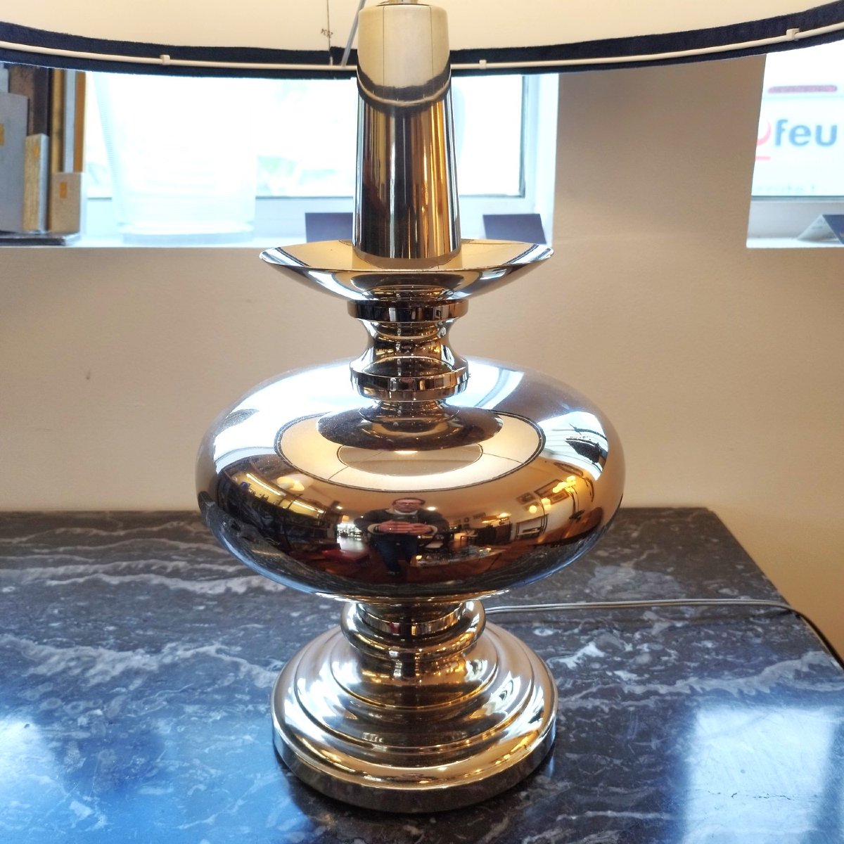 Lampe en nickel avec abat-jour velours bleu, années 60-photo-3