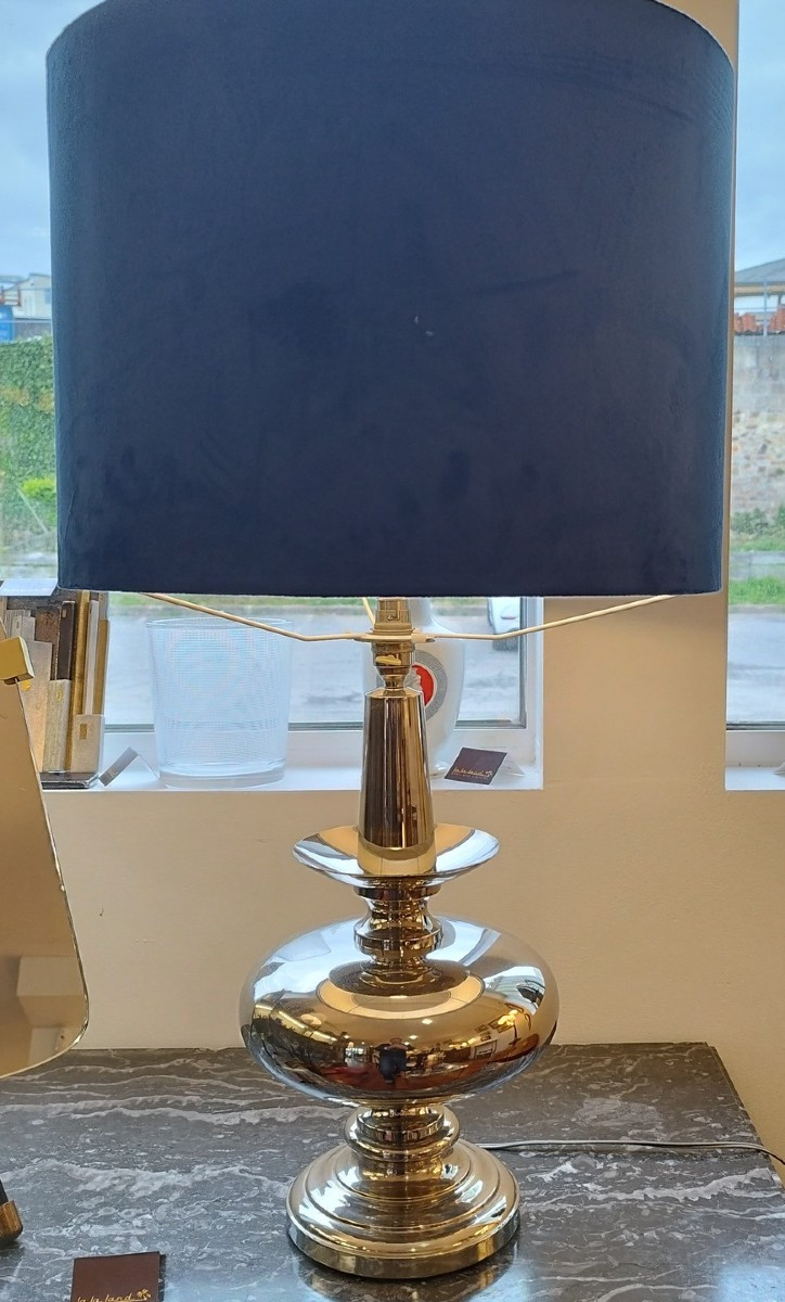 Lampe en nickel avec abat-jour velours bleu, années 60-photo-2
