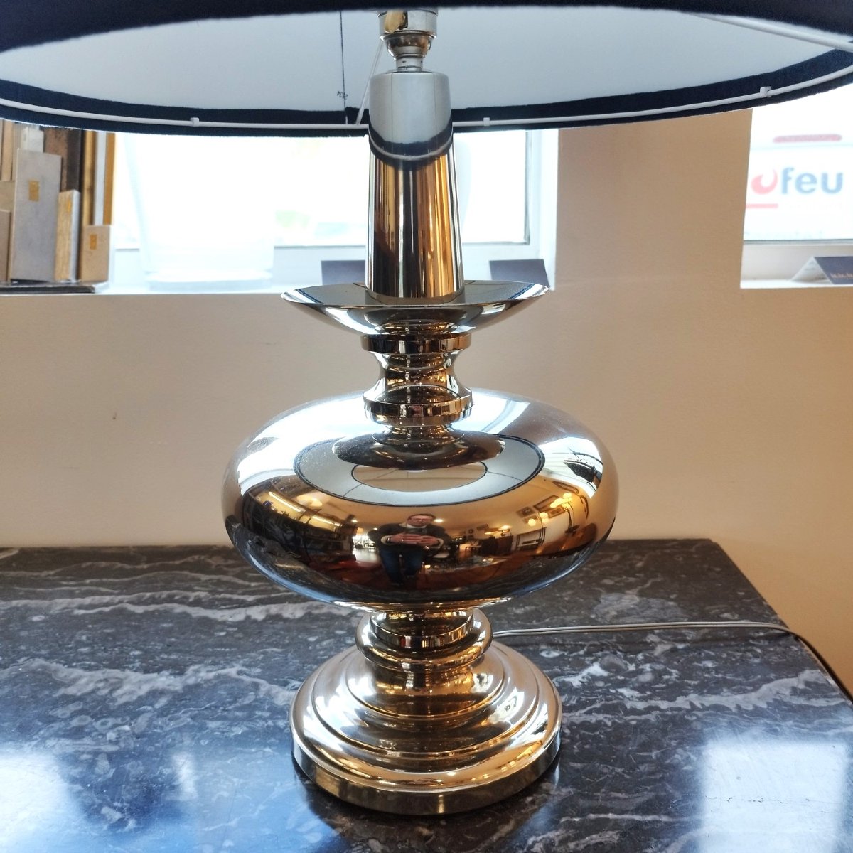 Lampe en nickel avec abat-jour velours bleu, années 60-photo-1