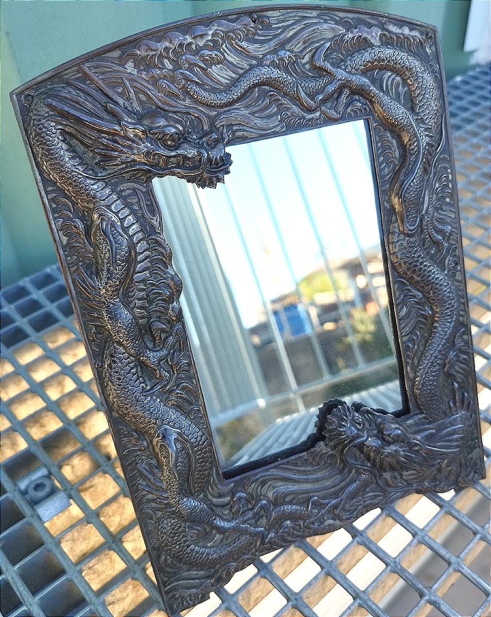 Miroir de table en bronze argenté, fin XIXème