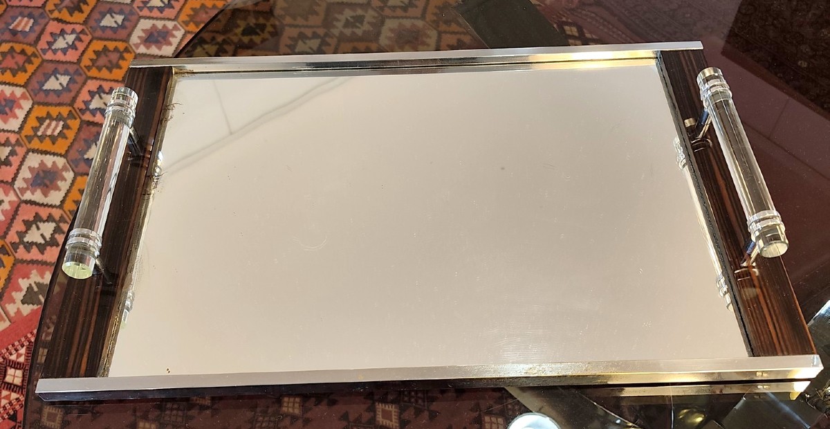 Art-deco Tray In Macassar Ebony With Glass Handles-photo-3