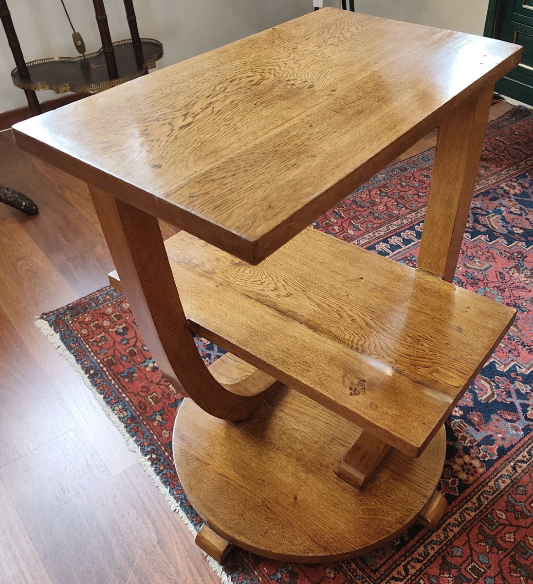 Asymmetrical Art-deco Pedestal Table In Blond Oak-photo-2
