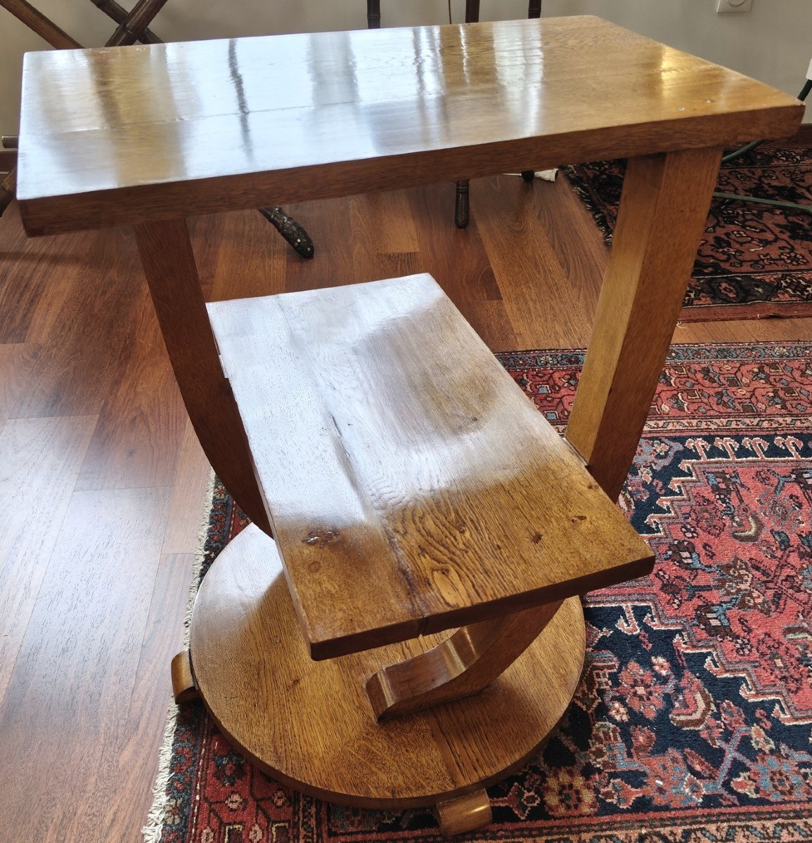 Asymmetrical Art-deco Pedestal Table In Blond Oak-photo-3
