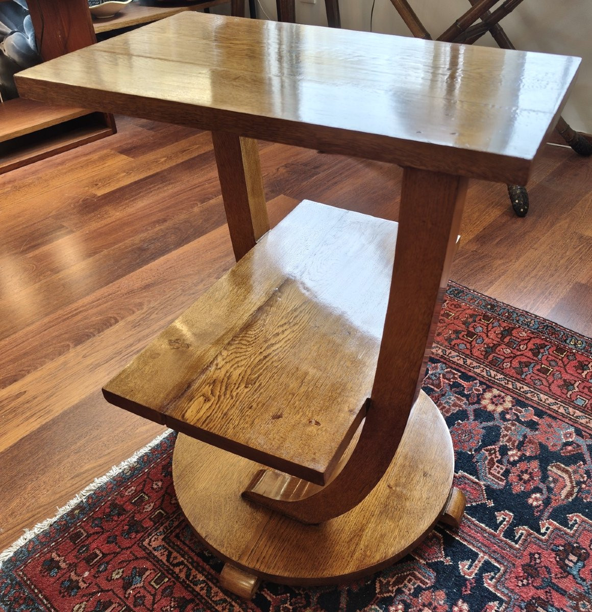 Asymmetrical Art-deco Pedestal Table In Blond Oak-photo-4