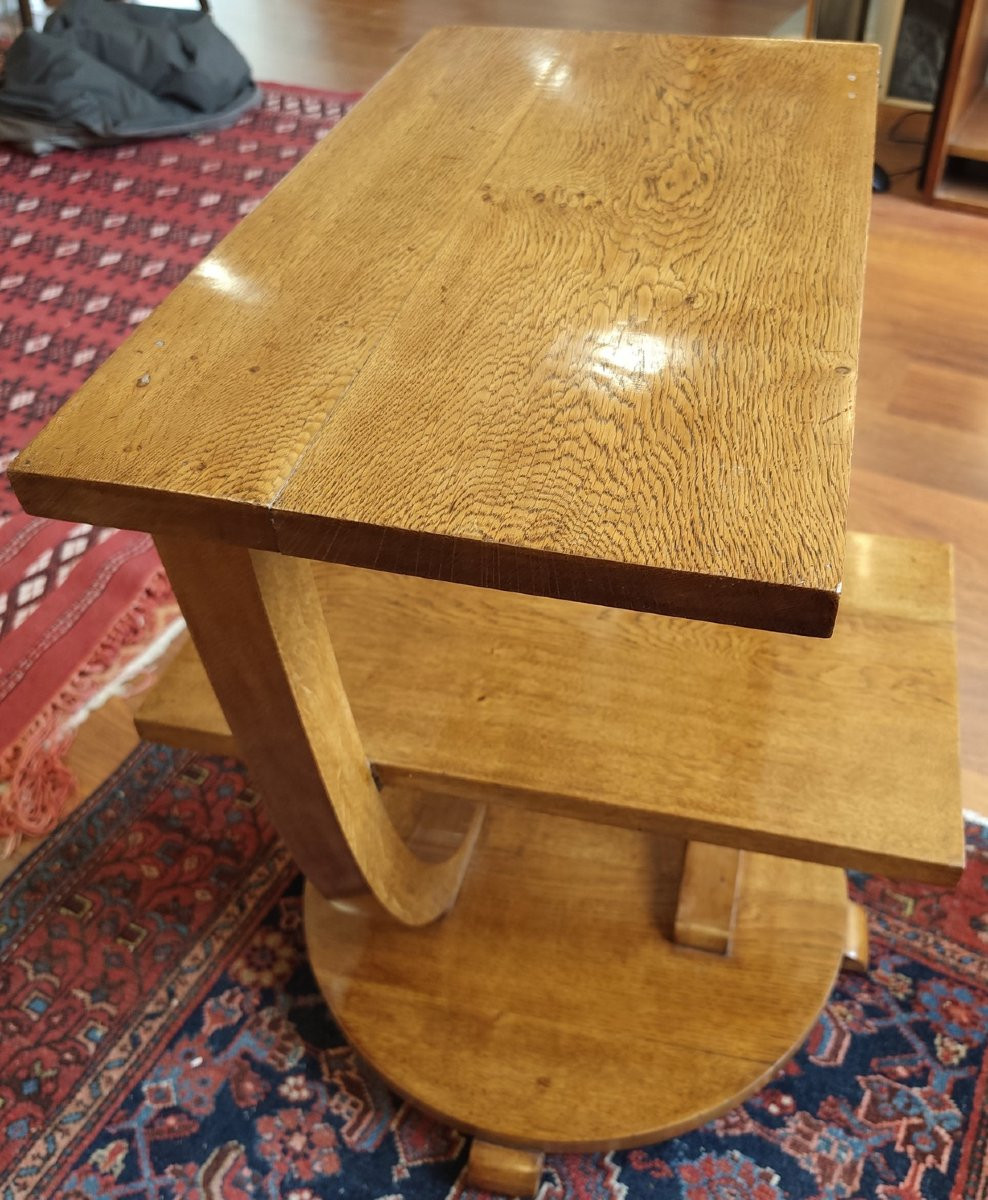 Asymmetrical Art-deco Pedestal Table In Blond Oak-photo-1
