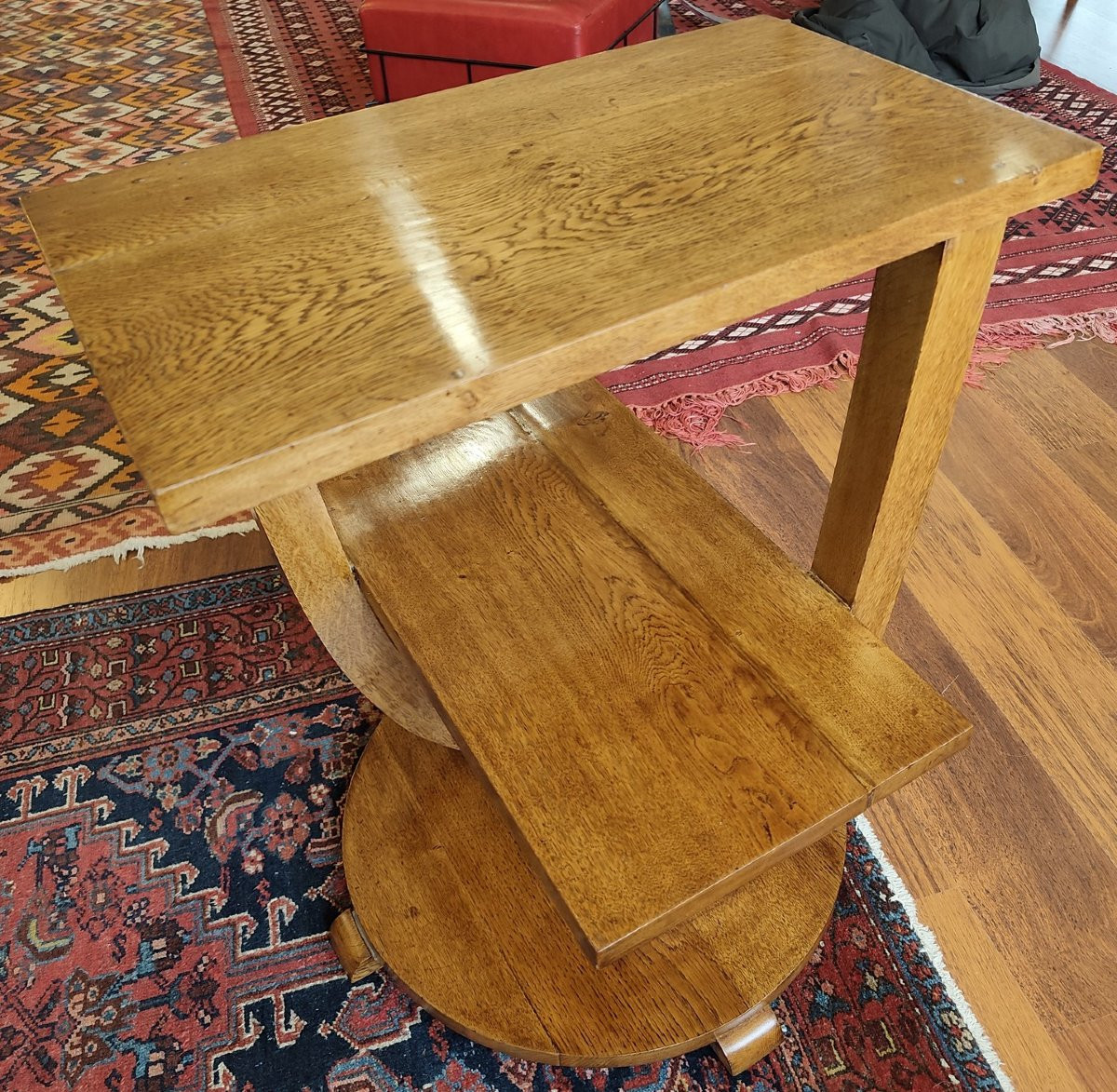 Asymmetrical Art-deco Pedestal Table In Blond Oak-photo-2