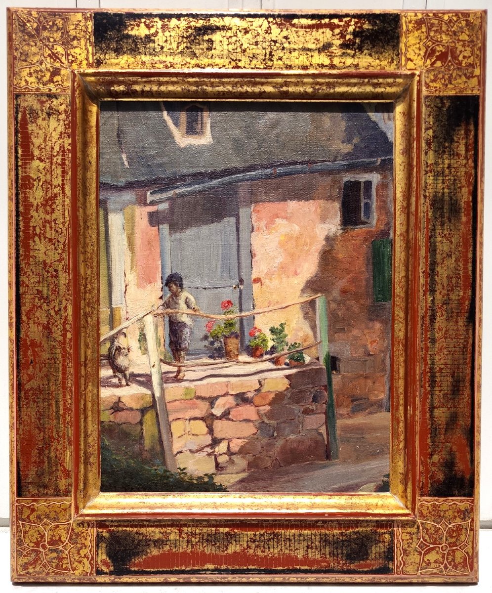 Enfant jouant avec un chat, huile sur panneau de Charles Perron-photo-2