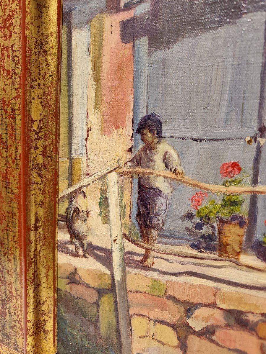 Enfant jouant avec un chat, huile sur panneau de Charles Perron-photo-3