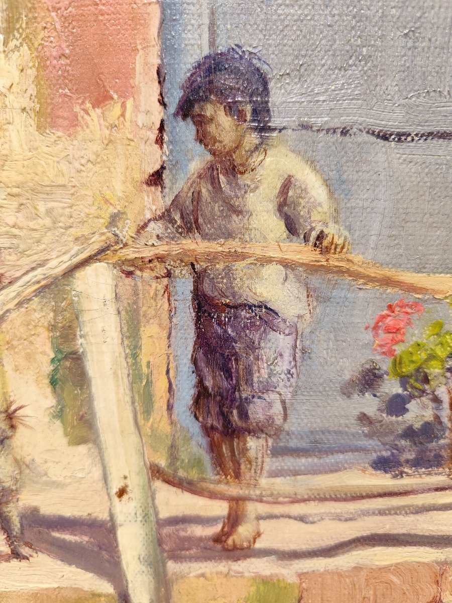 Enfant jouant avec un chat, huile sur panneau de Charles Perron-photo-4