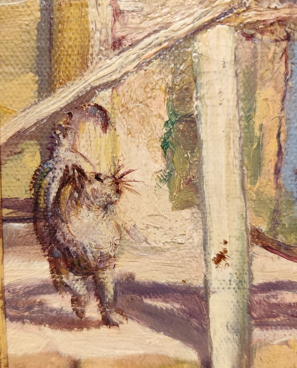 Enfant jouant avec un chat, huile sur panneau de Charles Perron-photo-1