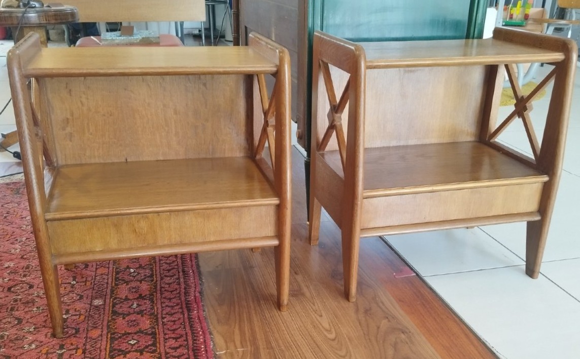 Pair Of Solid Oak Nightstands, In The Style Of Jacques Adnet