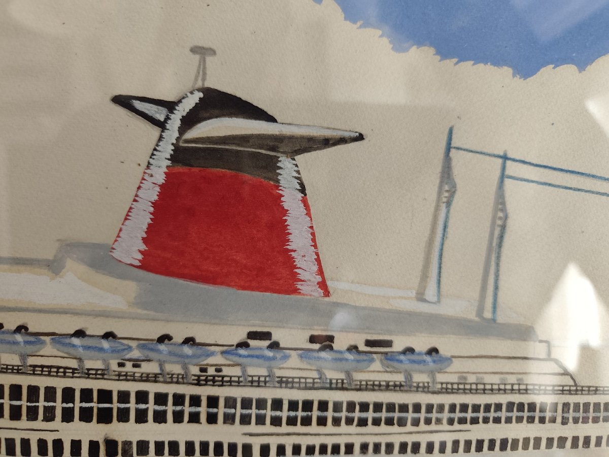 Grande aquarelle et gouache du paquebot France-photo-4