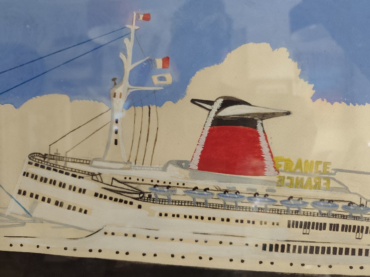 Grande aquarelle et gouache du paquebot France-photo-1