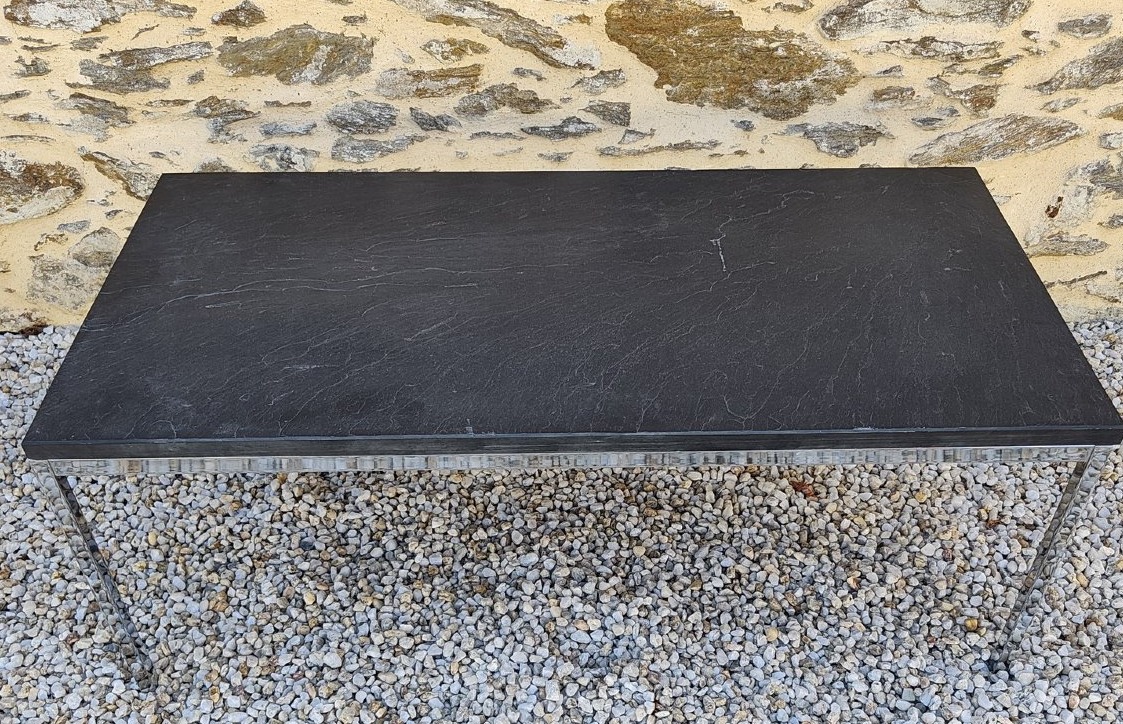 Table basse Florence Knoll acier chromé et plateau ardoise, années 70-photo-2
