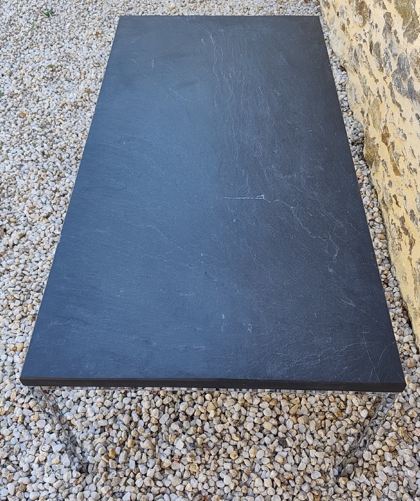 Table basse Florence Knoll acier chromé et plateau ardoise, années 70-photo-3