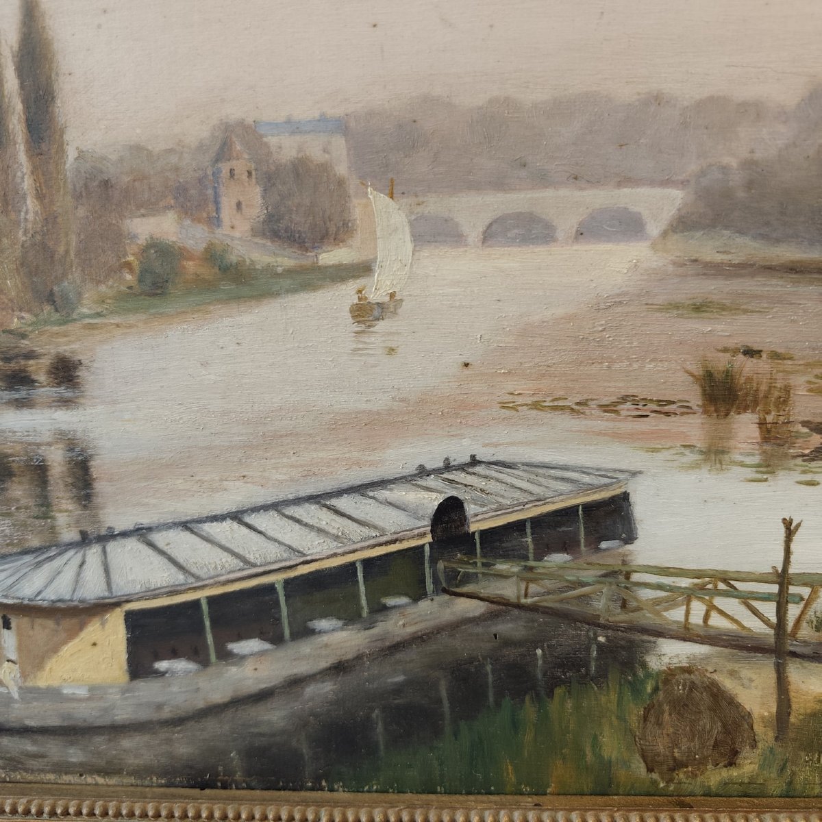 Washing Boat On The Banks Of The Erdre, Oil On Panel-photo-2