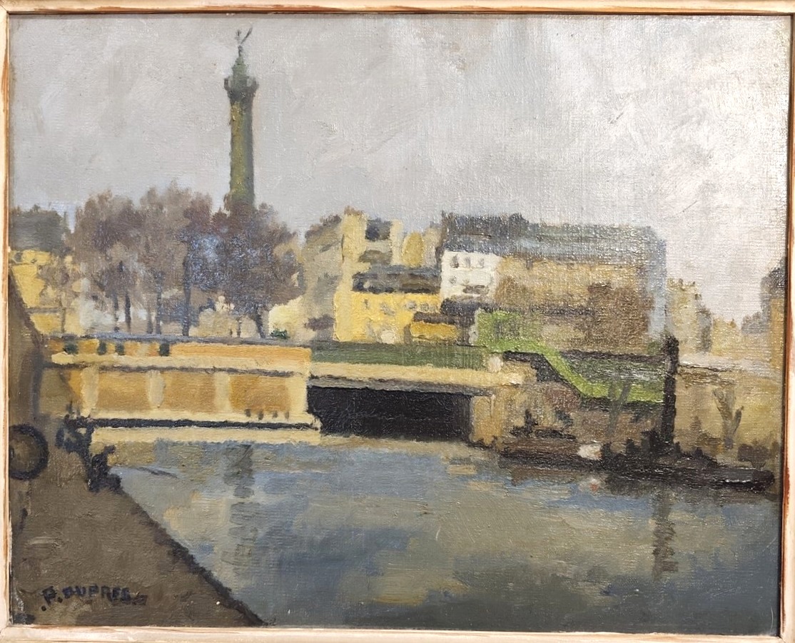 Huile sur toile, Canal Saint-Martin et colonne de Juillet-photo-2
