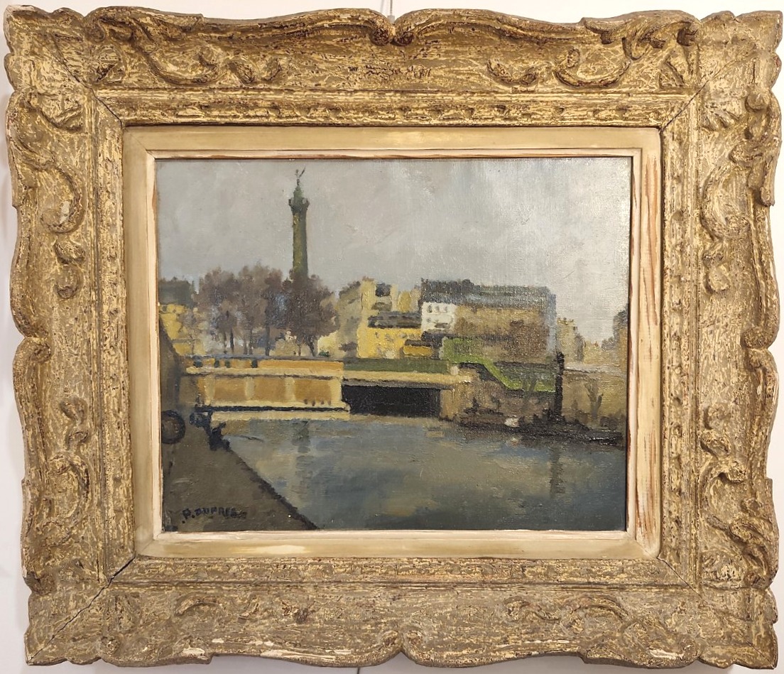Huile sur toile, Canal Saint-Martin et colonne de Juillet