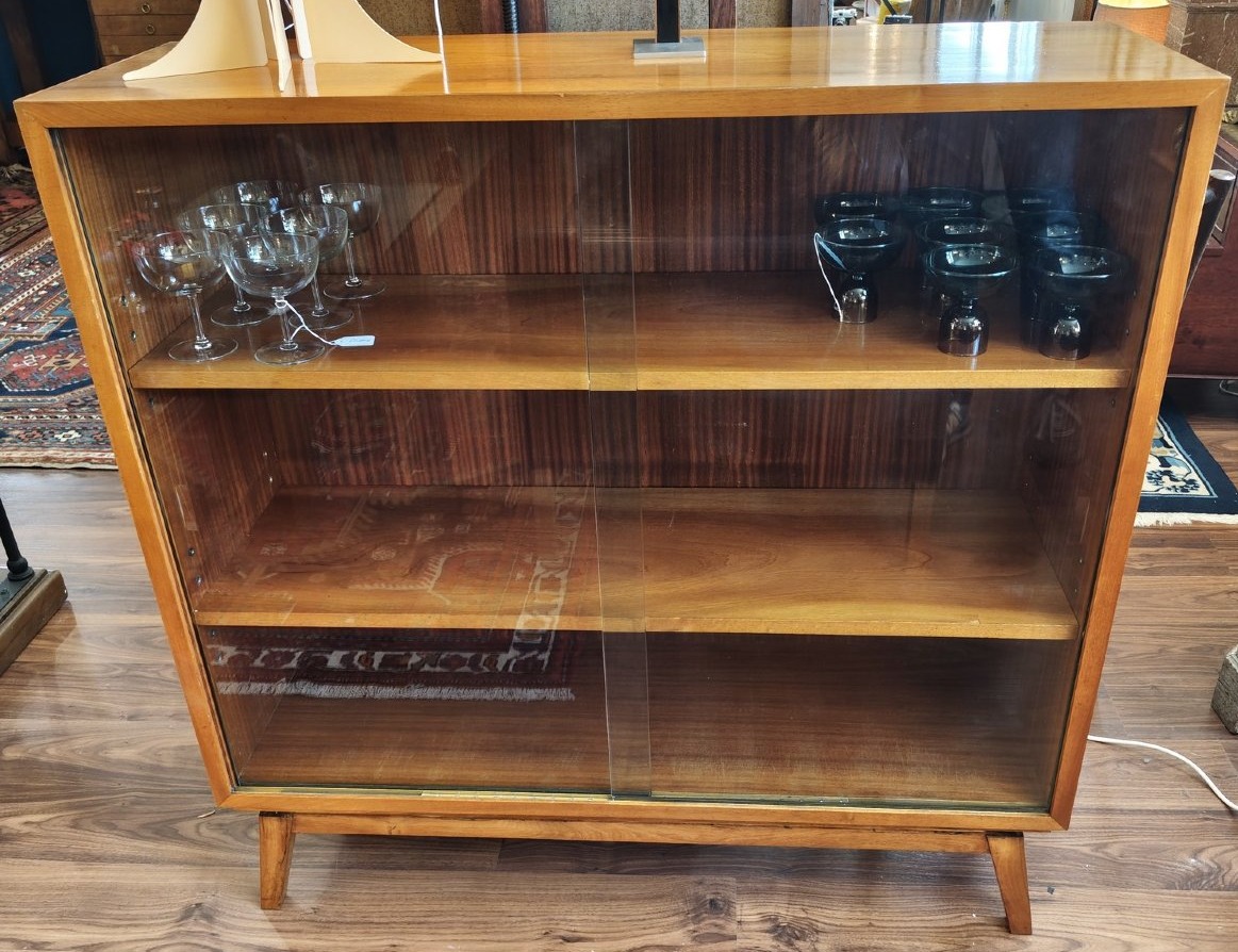 1970 Display Cabinet In Light Walnut With Compass-style Legs