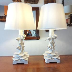 Large Pair Of White Ceramic Lamps, 1960s