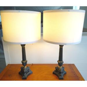 Pair Of Neoclassical Lamps, In Patinated Spelter And Brass