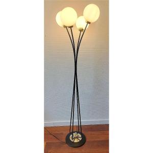 Metal And Brass Floor Lamp With 4 Globes, Arlus Or Lunel, 1960s