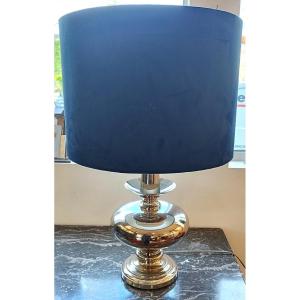 Nickel Lamp With Blue Velvet Shade, 1960s