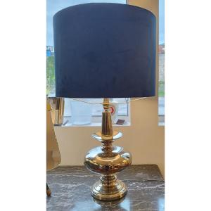 Nickel Lamp With Blue Velvet Shade, 1960s