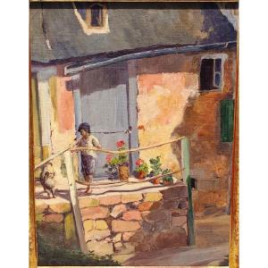 Child Playing With A Cat, Oil On Panel By Charles Perron