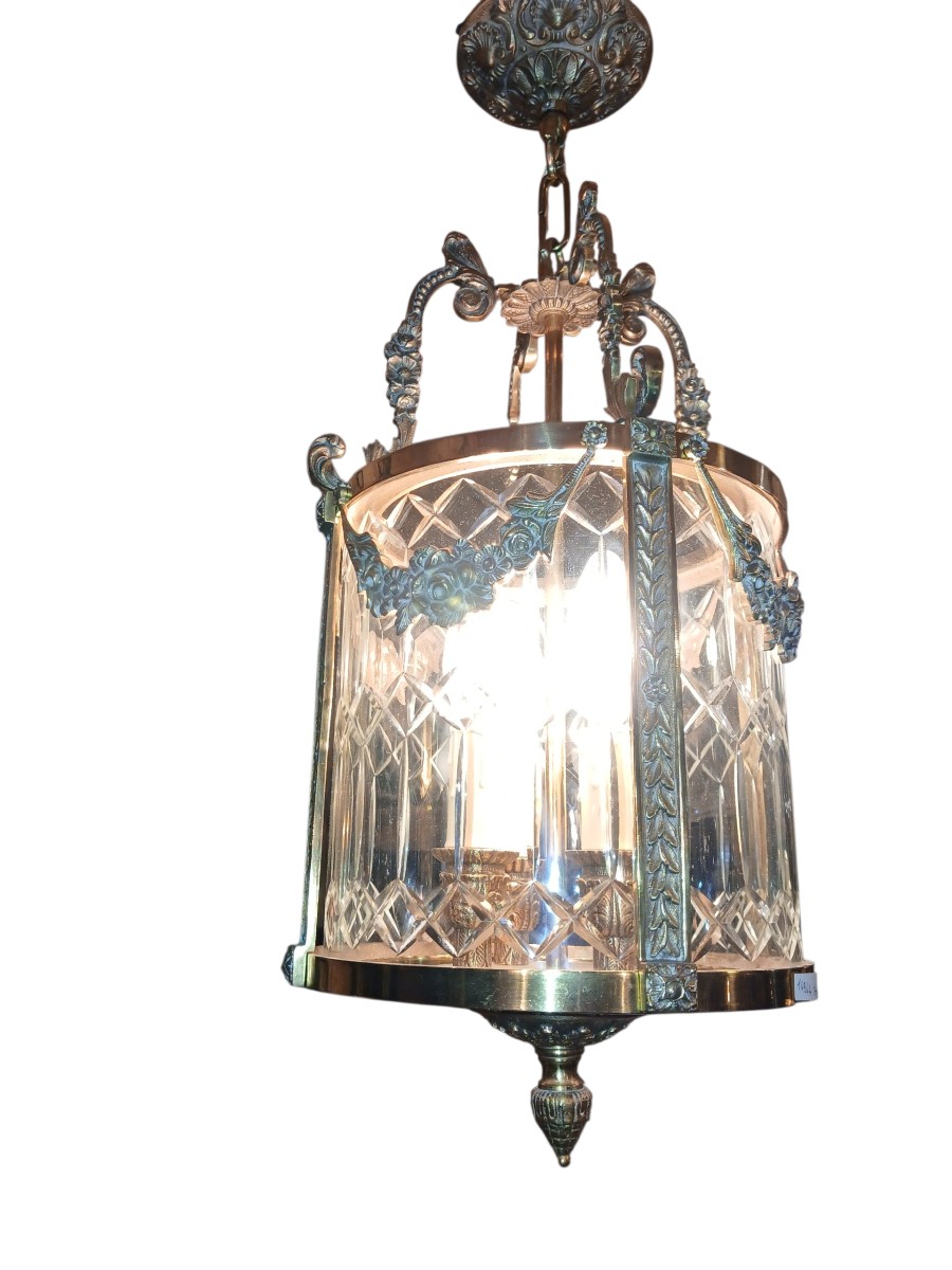 Paire de lanterne à suspendre en laiton et cristal ciselé XXème-photo-2