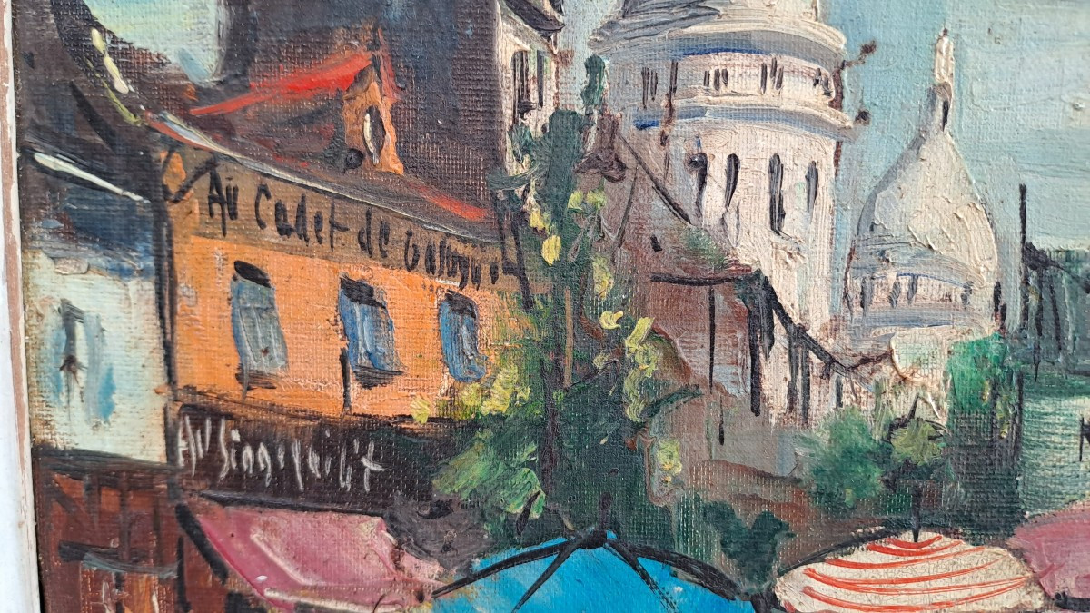 Tableau tableau huile sur toile XXème représentant la place du Tertre à Montmartre.-photo-1