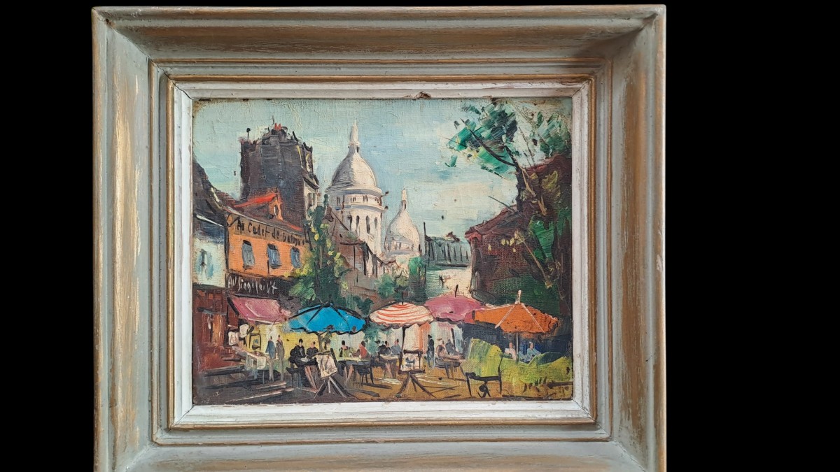 Tableau tableau huile sur toile XXème représentant la place du Tertre à Montmartre.