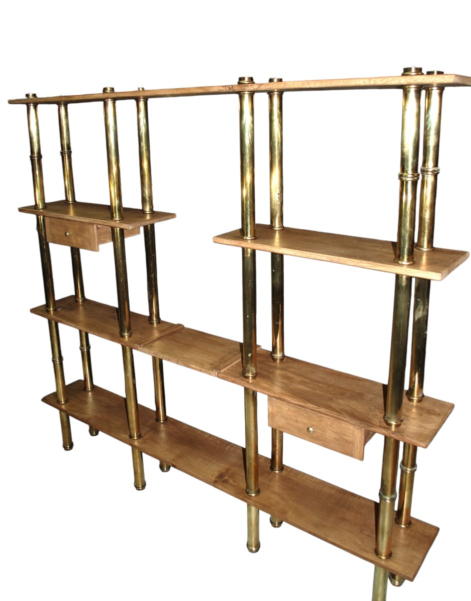 Solid Oak And Brass Bookcase. Two Drawers And One Freestanding Shelf.-photo-2