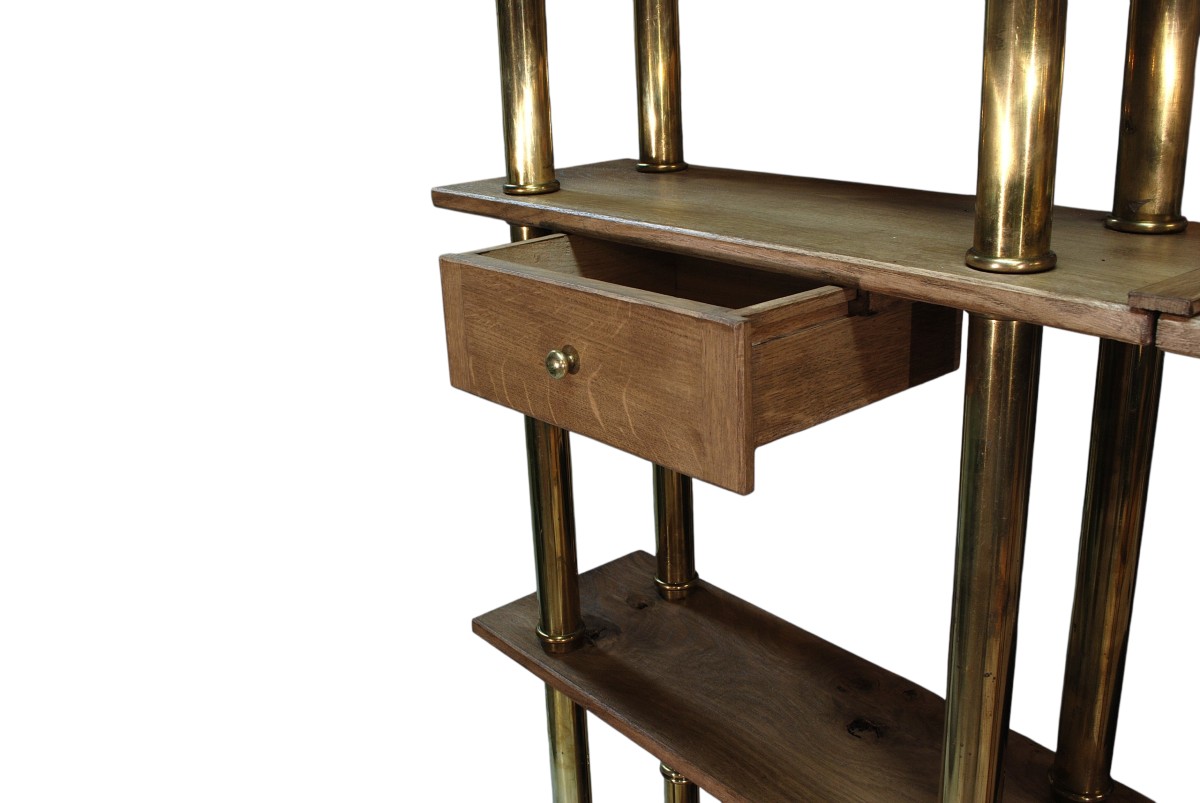 Solid Oak And Brass Bookcase. Two Drawers And One Freestanding Shelf.-photo-3