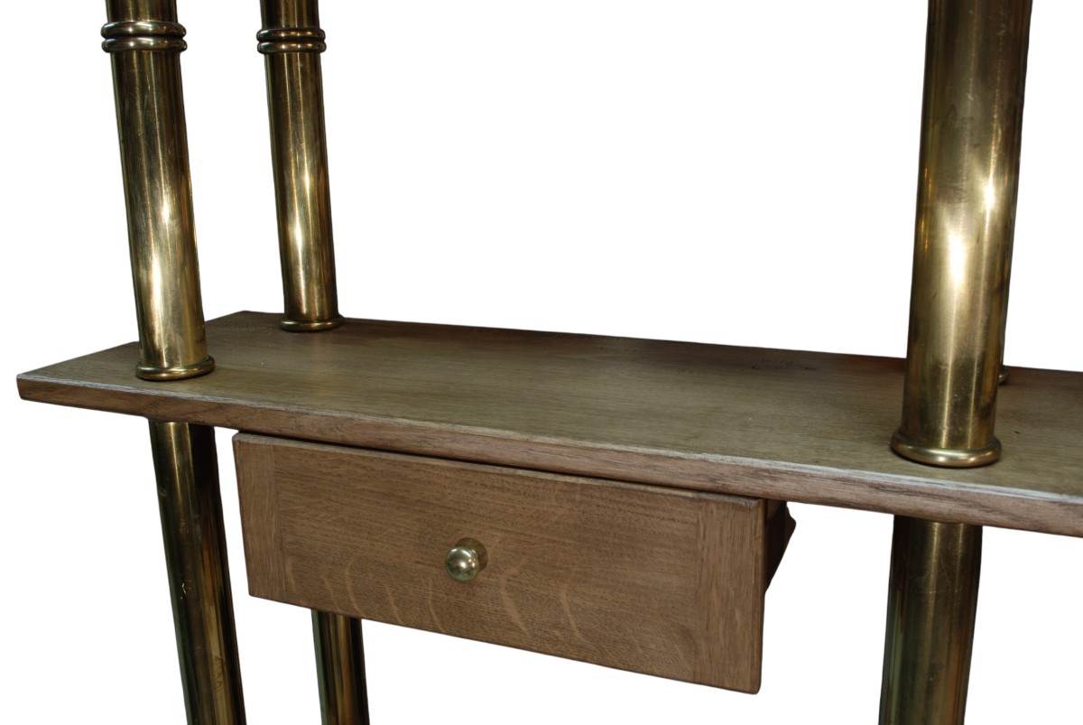 Solid Oak And Brass Bookcase. Two Drawers And One Freestanding Shelf.-photo-2