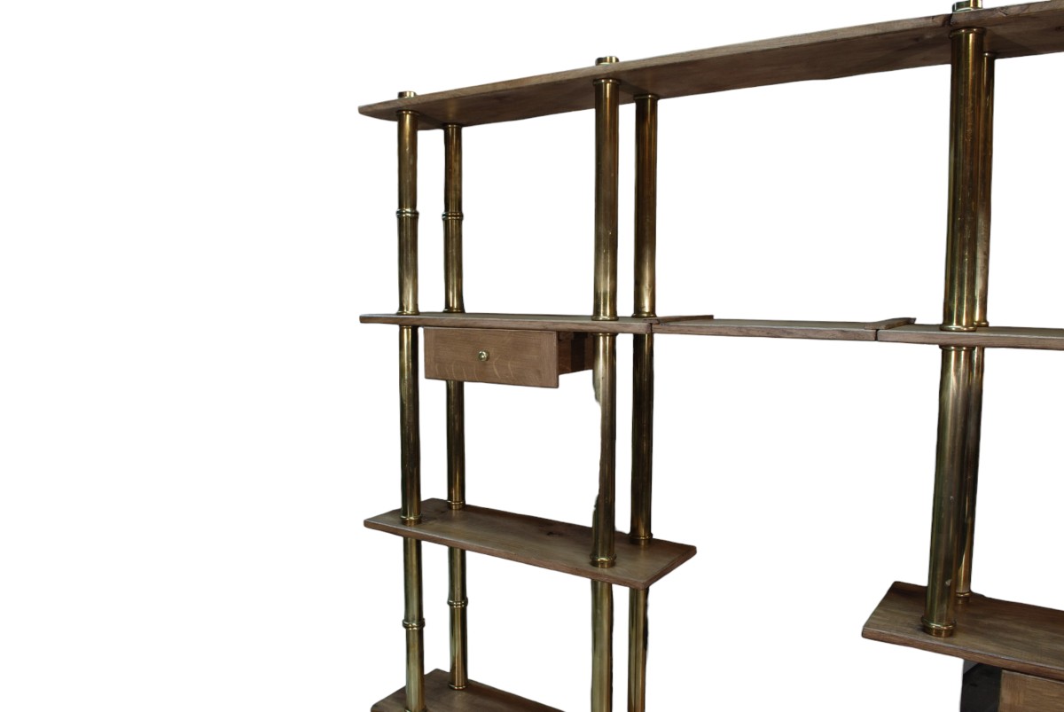 Solid Oak And Brass Bookcase. Two Drawers And One Freestanding Shelf.-photo-3