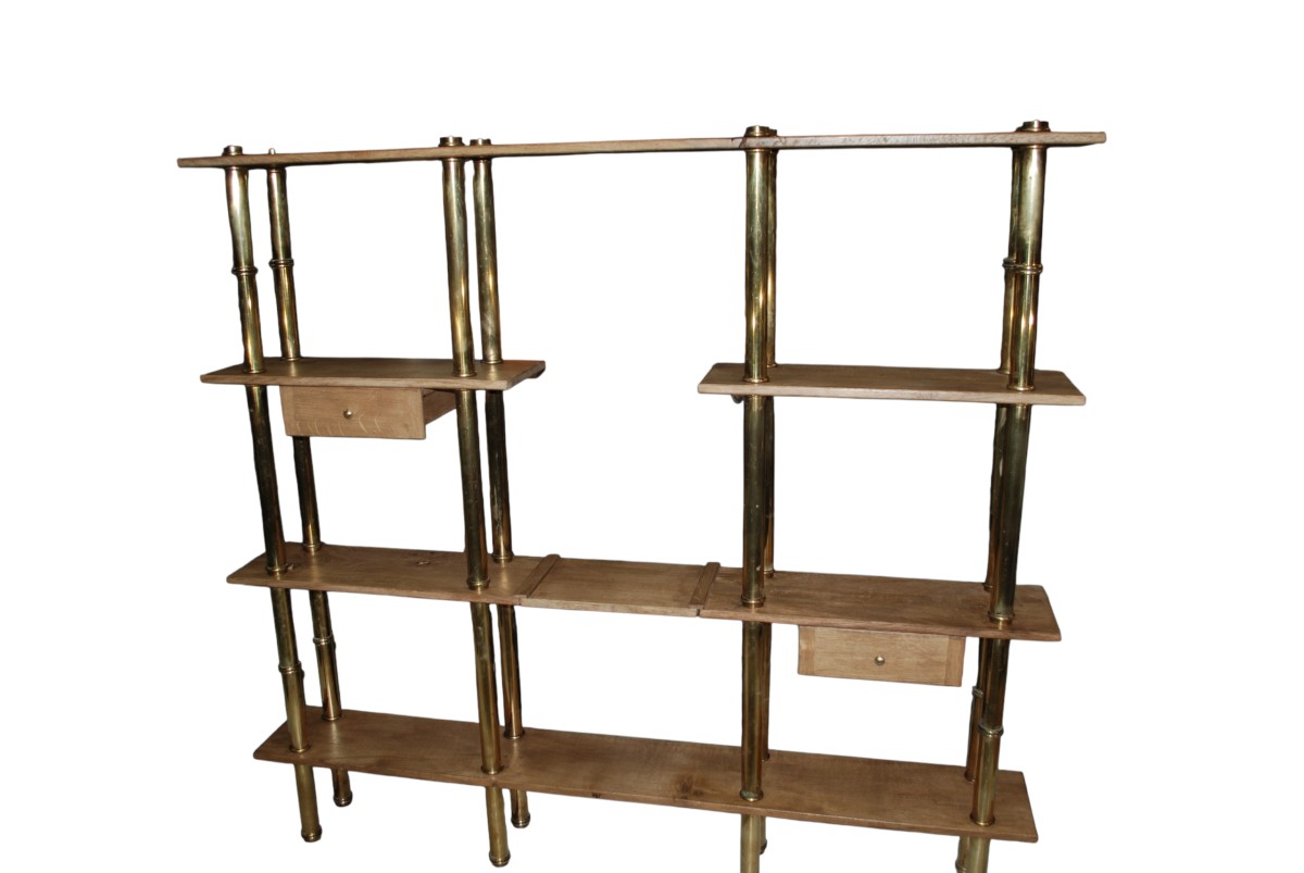 Solid Oak And Brass Bookcase. Two Drawers And One Freestanding Shelf.-photo-4