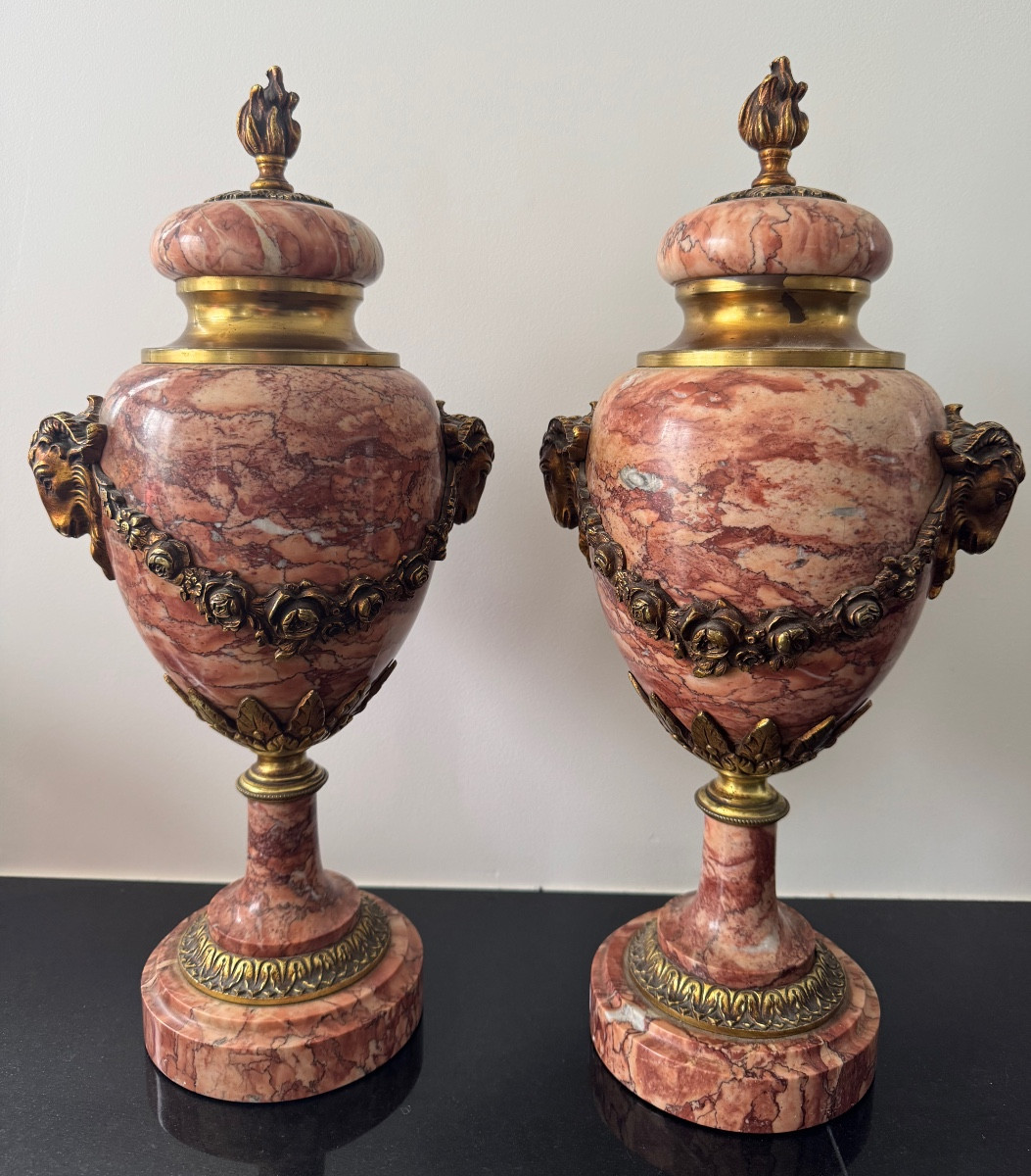 Pair Of Napoleon III Cassolettes, Bronze And Marble, Urn, Rotten Pots