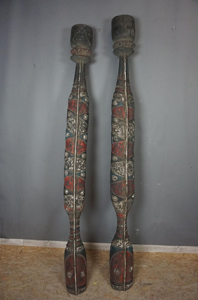 Pair Of Large African Sculptures In Polychromed Wood, 205 Cm High