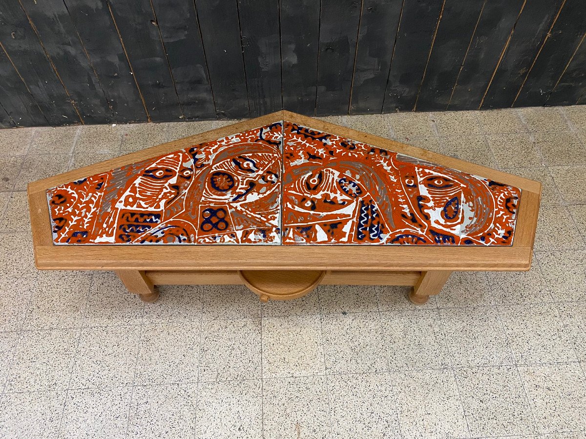 Guillerme Et Chambron, Rare And Large Coffee Table In Oak And Enamelled Lava Circa 1970-photo-3