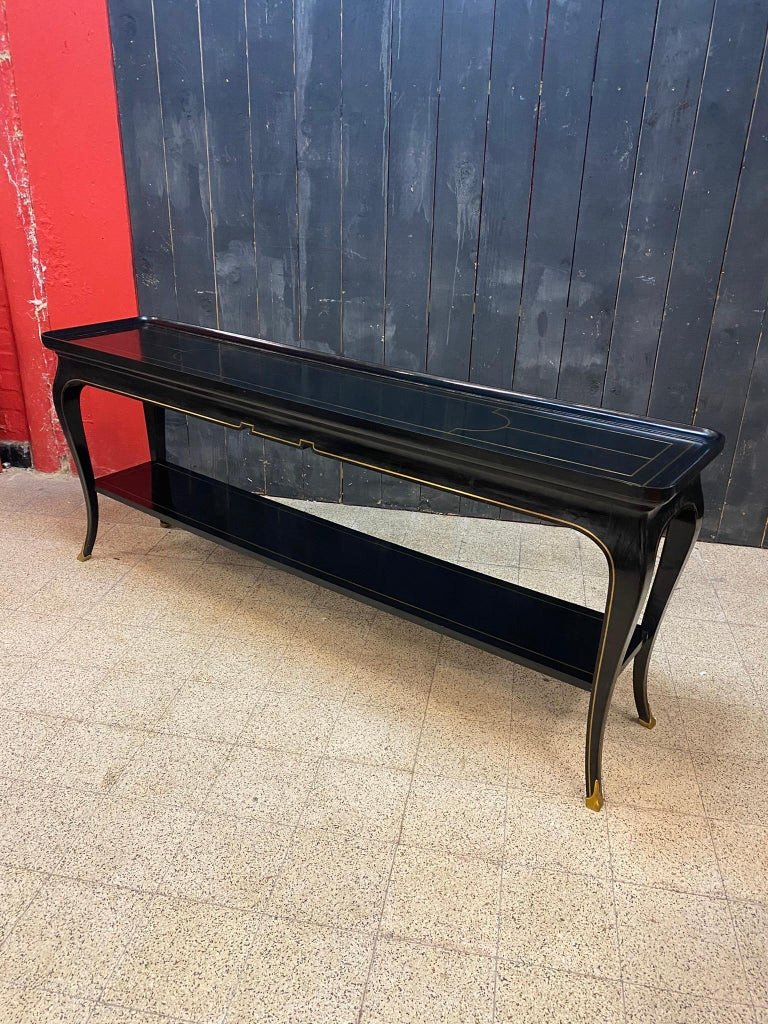 - Maison Jansen, Exceptional Console In Blackened Pearwood And Brass Inlays Circa 1960-photo-7