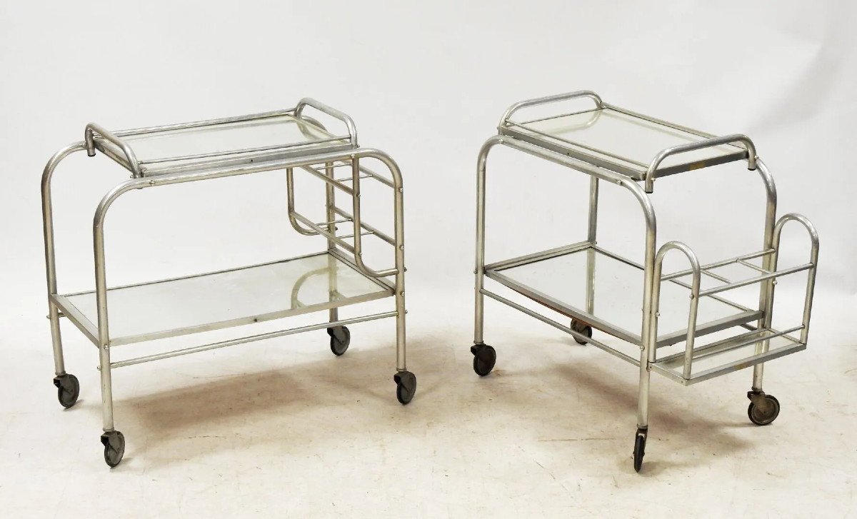 Two Art Deco Rolling Bars In Aluminum And Mirror Circa 1930-photo-3