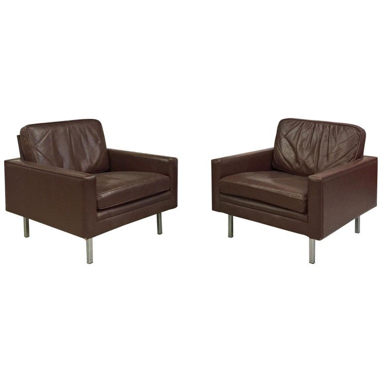 Pair Of Armchairs In Leather And Chromed Metal, Knoll Style, Circa 1970-photo-3