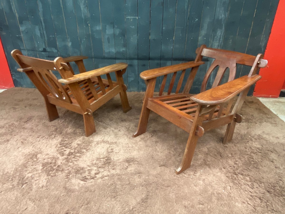 Pair Of Arts And Crafts Style Armchairs In Teak-photo-3